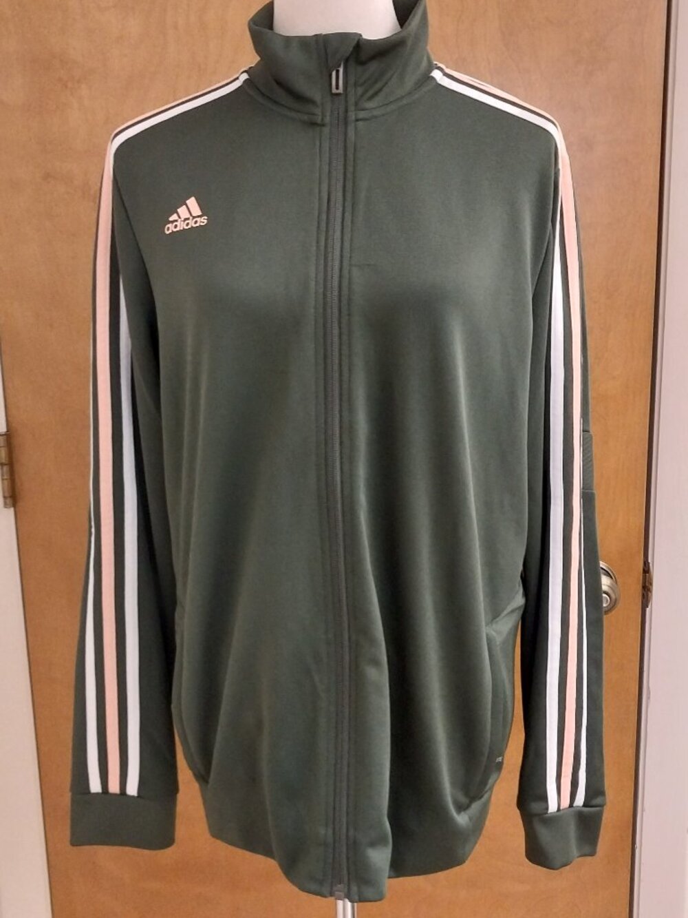 ADIDAS XL FULL ZIP WARM UP JACKET DARK GREEN w/ WHITE AND PEACH STRIPES